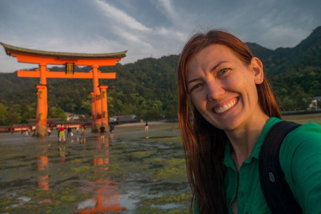 Selfie at the gorgeous floating torii gate in Miyajima, Japan