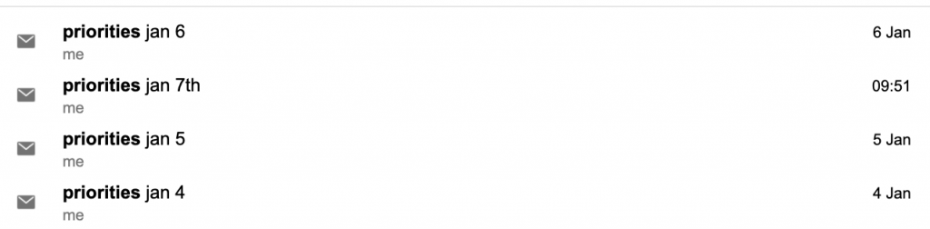 Screenshot of my daily emails to myself